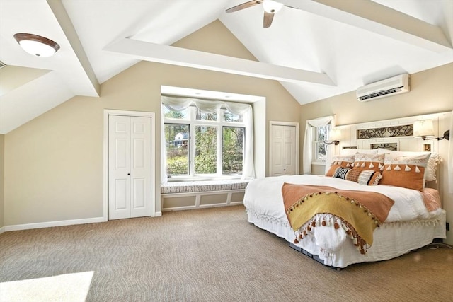 bedroom with carpet floors, a wall mounted AC, two closets, and vaulted ceiling with beams