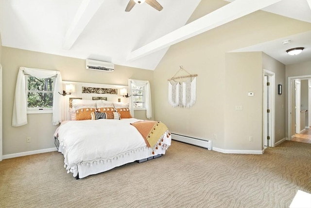 bedroom featuring vaulted ceiling, baseboards, a baseboard heating unit, an AC wall unit, and carpet flooring