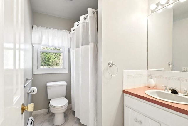 full bath with vanity, toilet, a shower with shower curtain, marble finish floor, and decorative backsplash