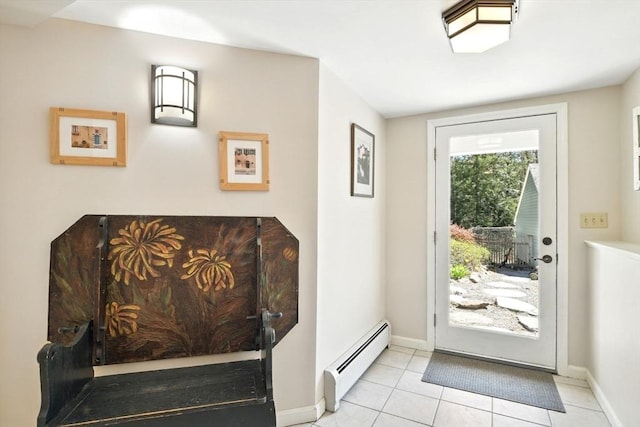 doorway with baseboards, a baseboard radiator, and light tile patterned floors