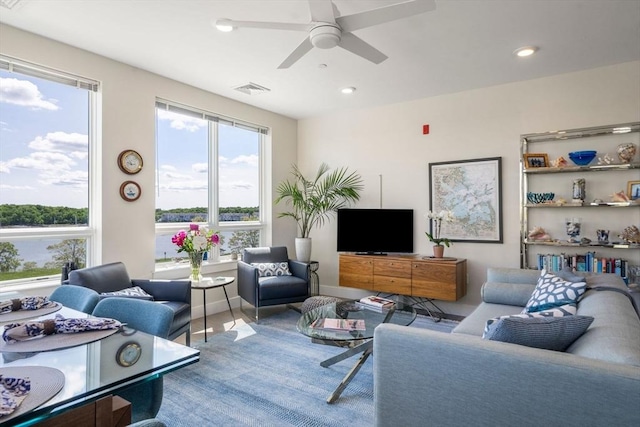 130 Broad Reach Unit 303, Weymouth, MA 02191 - living area with a ceiling fan and recessed lighting