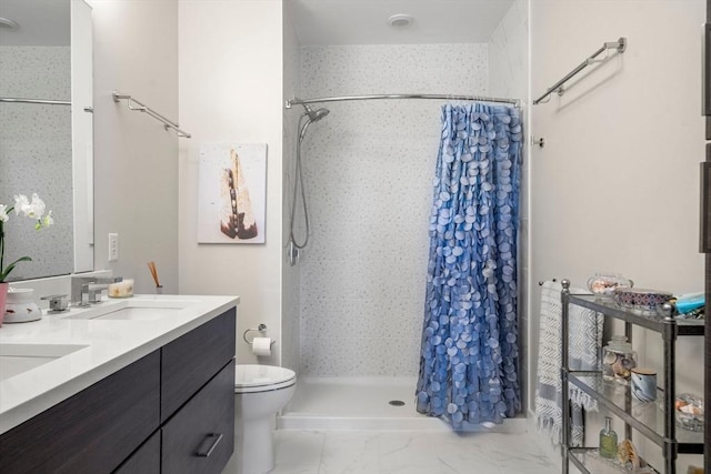 130 Broad Reach Unit 303, Weymouth, MA 02191 - bathroom with toilet, curtained shower, double vanity, and marble finish floors