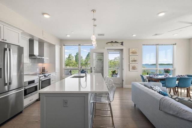 130 Broad Reach Unit 303, Weymouth, MA 02191 - kitchen with appliances with stainless steel finishes, wall chimney exhaust hood, a sink, a kitchen bar, and healthy amount of natural light