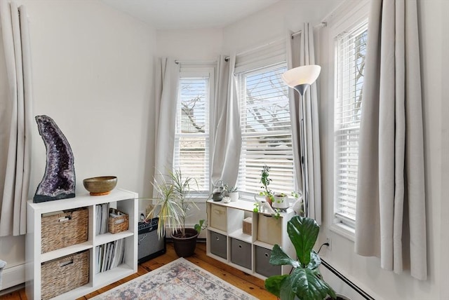 interior space with hardwood / wood-style floors and baseboard heating