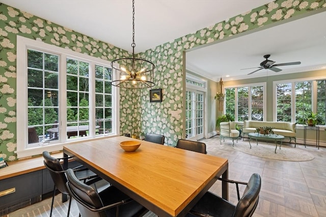 22 Flintlock Rd, Lexington, MA 02420 - dining space with wallpapered walls, a chandelier, a ceiling fan, and crown molding