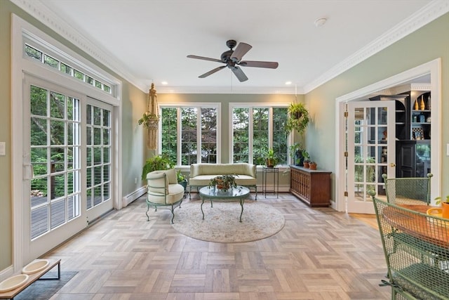 22 Flintlock Rd, Lexington, MA 02420 - sunroom with french doors, baseboard heating, crown molding, and recessed lighting