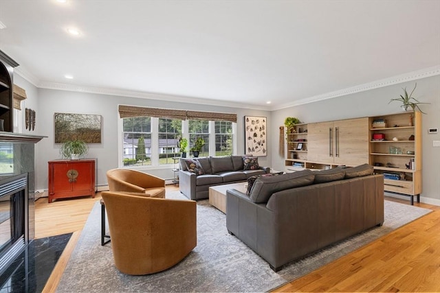 22 Flintlock Rd, Lexington, MA 02420 - living room with light wood-type flooring, ornamental molding, baseboard heating, recessed lighting, and a high end fireplace