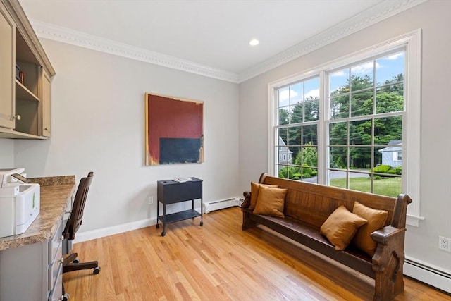 22 Flintlock Rd, Lexington, MA 02420 - office with a baseboard radiator, light wood finished floors, ornamental molding, and recessed lighting