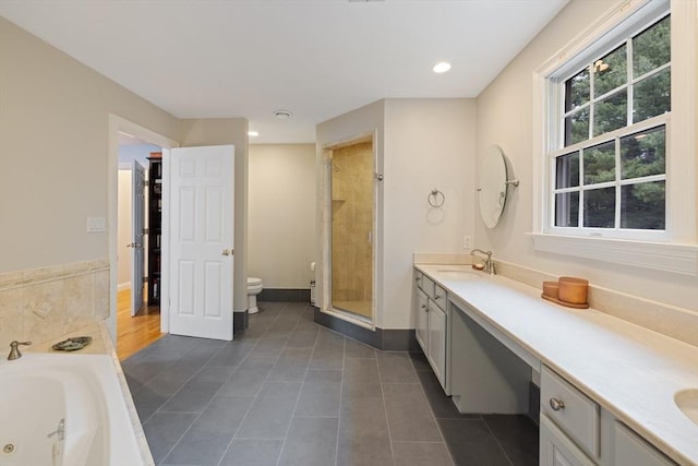 22 Flintlock Rd, Lexington, MA 02420 - full bath with vanity, a jetted tub, tile patterned flooring, a stall shower, and recessed lighting