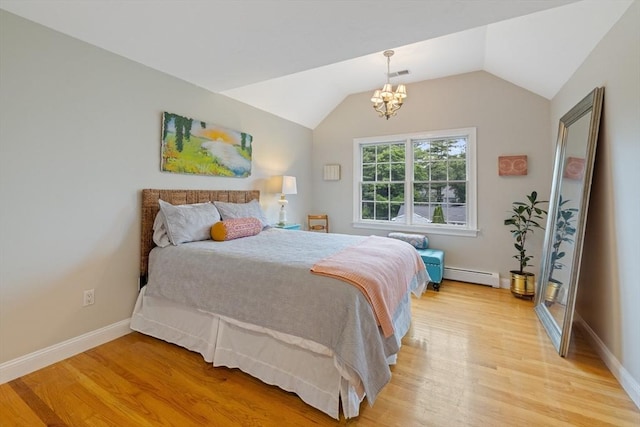 22 Flintlock Rd, Lexington, MA 02420 - bedroom with baseboard heating, a chandelier, light wood-style floors, and lofted ceiling