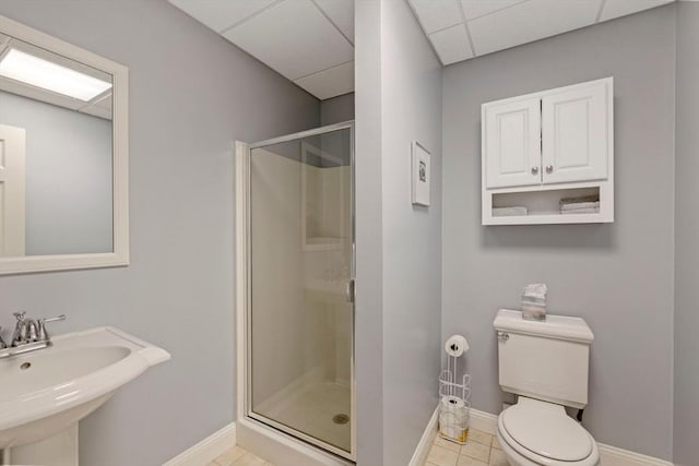 22 Flintlock Rd, Lexington, MA 02420 - bathroom featuring a stall shower, a paneled ceiling, and tile patterned flooring