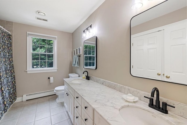 22 Flintlock Rd, Lexington, MA 02420 - full bath with baseboard heating, double vanity, tile patterned floors, and a shower with curtain