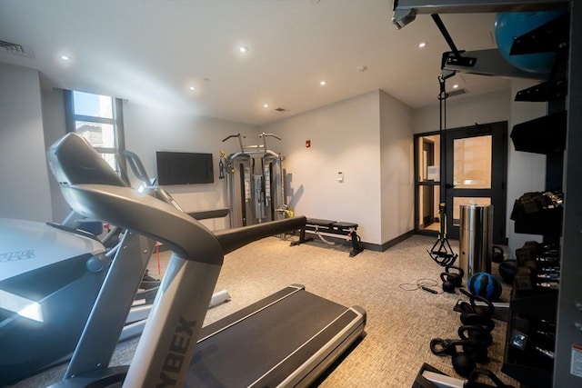 exercise area with light colored carpet