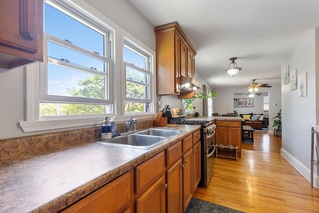 36-38 Priesing St, Boston, MA 02130 - kitchen with range with two ovens, a sink, light wood-type flooring, and brown cabinets