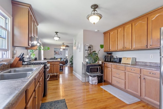 36-38 Priesing St, Boston, MA 02130 - kitchen featuring appliances with stainless steel finishes, a sink, light wood-type flooring, and ceiling fan