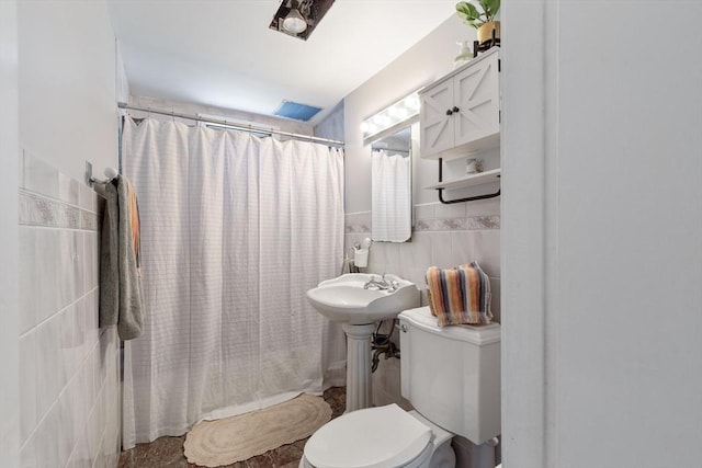 36-38 Priesing St, Boston, MA 02130 - bathroom with toilet, tile walls, and shower / tub combo with curtain