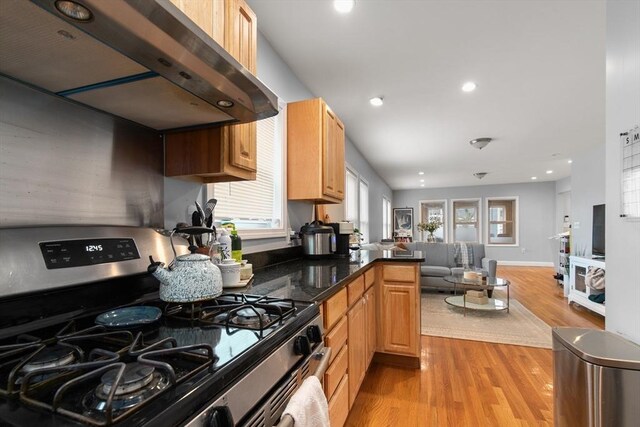 36-38 Priesing St, Boston, MA 02130 - kitchen featuring gas range, extractor fan, open floor plan, light wood-style flooring, and dark countertops