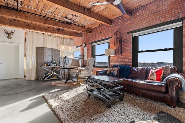 living room with beam ceiling, ceiling fan, wood ceiling, and brick wall