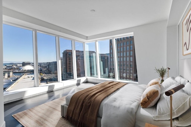 bedroom featuring a water view