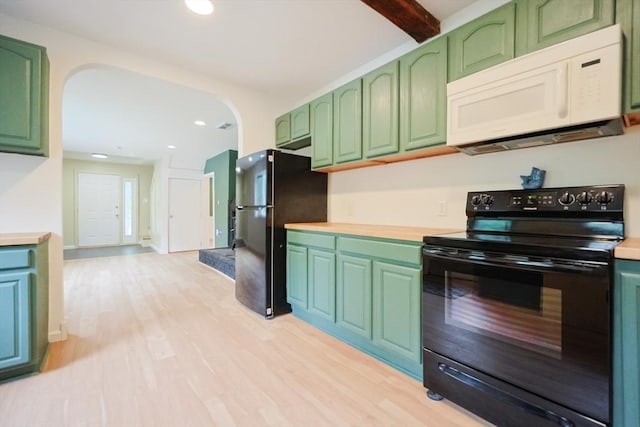 268 Wallace Hill Rd, Townsend, MA 01469 - kitchen with black appliances, green cabinets, light countertops, light wood finished floors, and recessed lighting