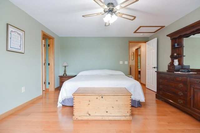 bedroom featuring ceiling fan and light hardwood / wood-style floors