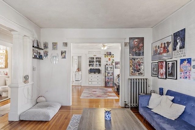 136-138 N St, Somerville, MA 02144 - living room featuring a ceiling fan, wood finished floors, radiator, ornamental molding, and ornate columns