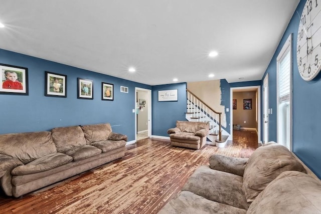 230 Plain, Taunton, MA 02780 - living area featuring stairs, wood finished floors, recessed lighting, and baseboards