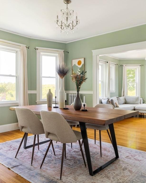 67 Jamaica Unit 3, Boston, MA 02130 - dining area featuring a chandelier, plenty of natural light, light wood-style flooring, crown molding, and baseboards