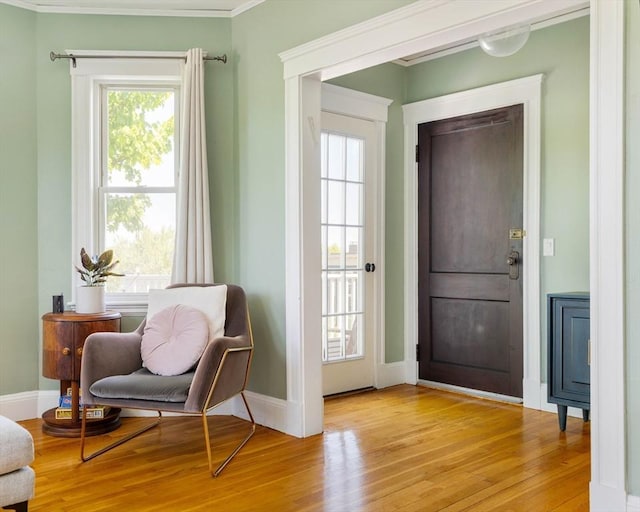 67 Jamaica Unit 3, Boston, MA 02130 - doorway featuring light wood-style flooring, crown molding, and baseboards