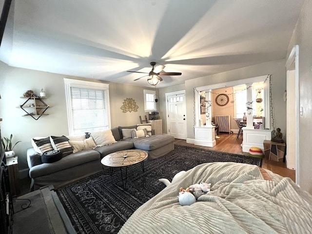 living room with radiator, baseboards, a ceiling fan, and wood finished floors