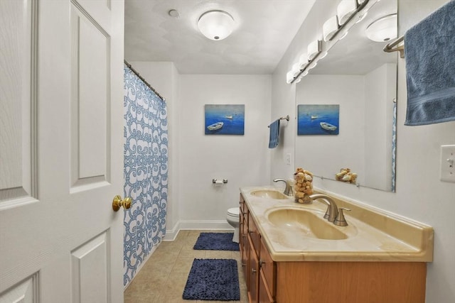 5239 N Main St Unit 7, Fall River, MA 02720 - full bathroom with tile patterned flooring, toilet, double vanity, baseboards, and curtained shower