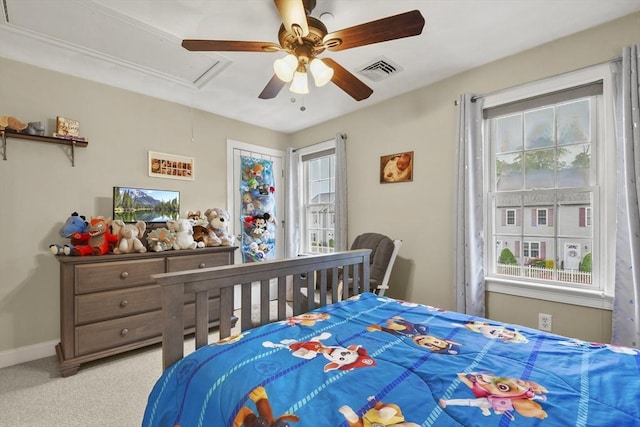 5239 N Main St Unit 7, Fall River, MA 02720 - bedroom featuring attic access, light carpet, ceiling fan, and baseboards