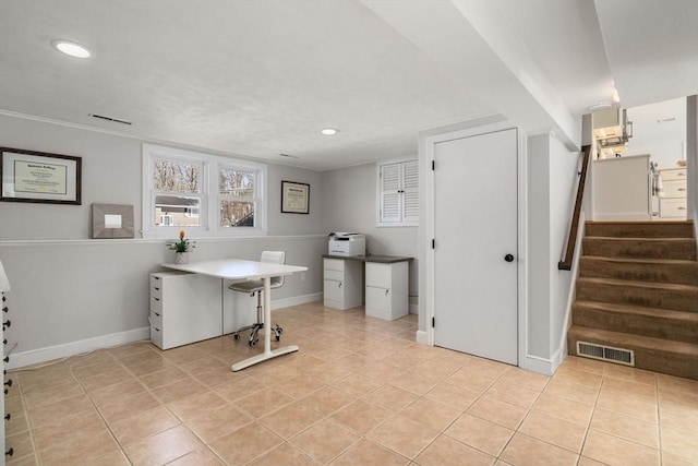 office featuring recessed lighting, visible vents, baseboards, and light tile patterned flooring