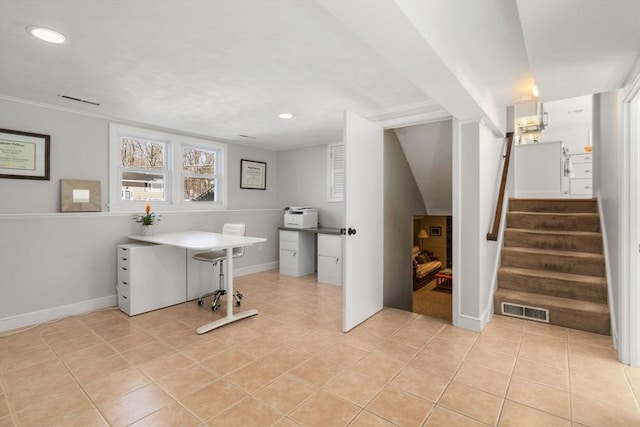 interior space with light tile patterned floors, baseboards, visible vents, and recessed lighting