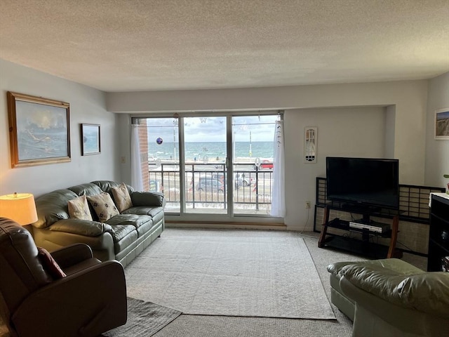 living room with light colored carpet and a textured ceiling