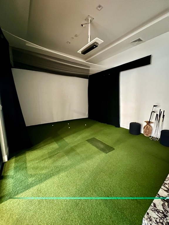 home theater room with golf simulator