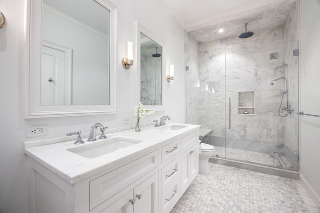 bathroom featuring toilet, a shower with door, crown molding, and vanity