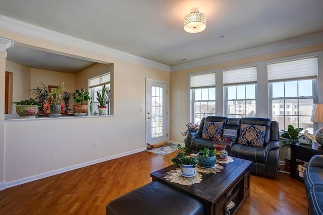 living area with a wealth of natural light, crown molding, and wood finished floors