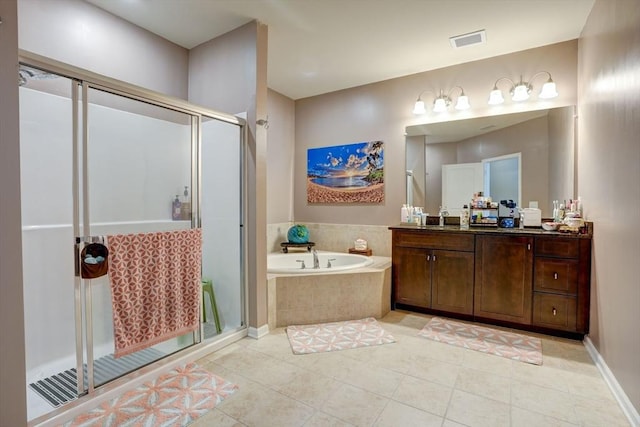 full bathroom with a garden tub, vanity, visible vents, tile patterned floors, and a stall shower