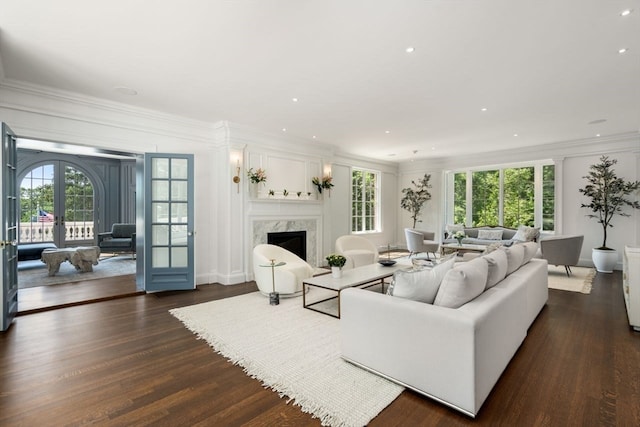 living room featuring a wealth of natural light, dark hardwood / wood-style flooring, a high end fireplace, and french doors