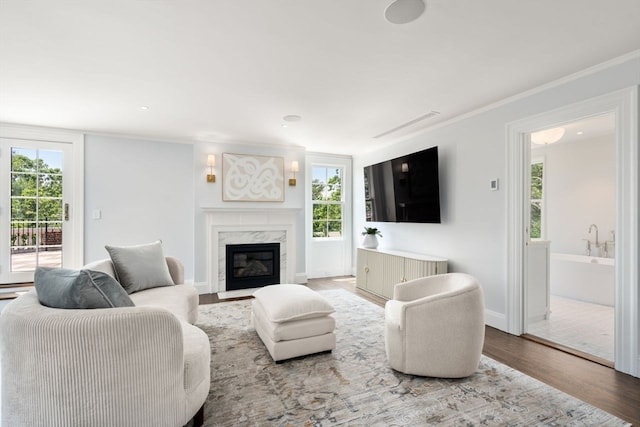 living room with a fireplace, ornamental molding, and hardwood / wood-style flooring