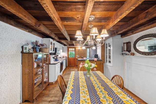 dining space featuring wallpapered walls, light wood-style flooring, a chandelier, wooden ceiling, and beam ceiling