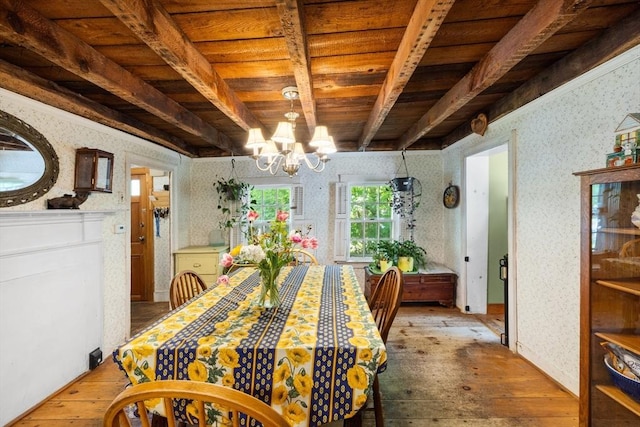 dining room featuring wallpapered walls, hardwood / wood-style flooring, wooden ceiling, a chandelier, and beam ceiling