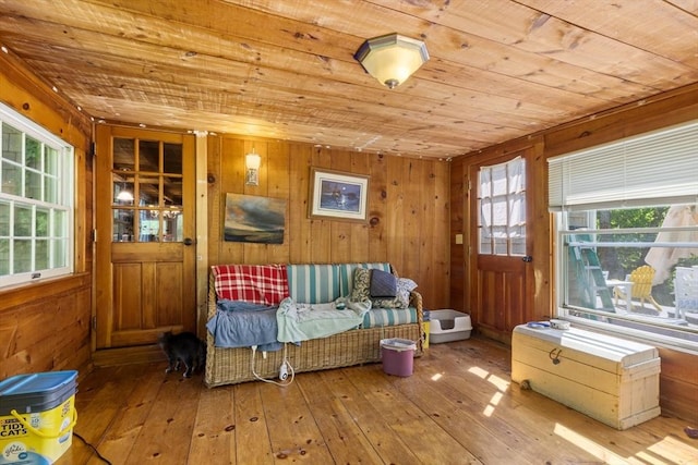 living area featuring wood ceiling, healthy amount of natural light, wood-type flooring, and wood walls