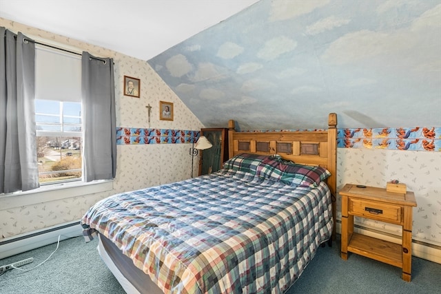 carpeted bedroom featuring a baseboard radiator and vaulted ceiling