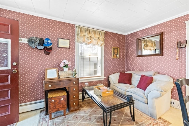 living room with a baseboard radiator and crown molding