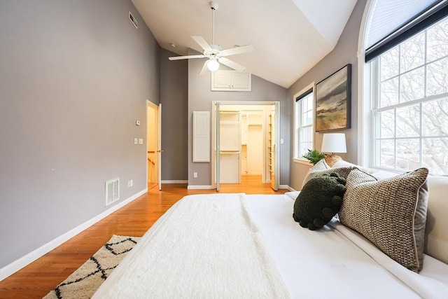 bedroom featuring a walk in closet, light wood-type flooring, vaulted ceiling, ceiling fan, and a closet