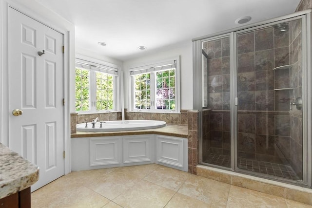 17 Topsfield Rd, Wenham, MA 01984 - bathroom with a garden tub, a shower stall, tile patterned floors, and recessed lighting