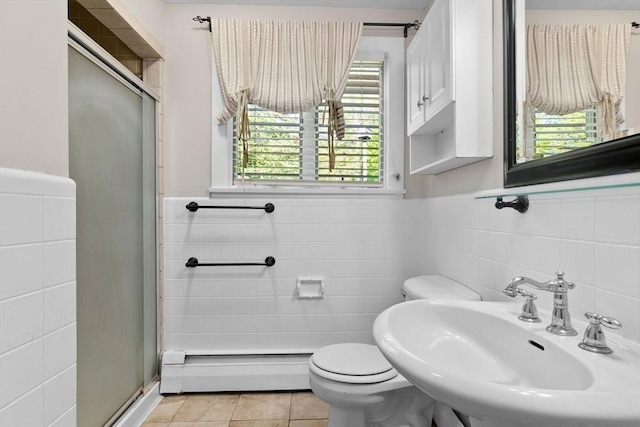 17 Topsfield Rd, Wenham, MA 01984 - bathroom featuring baseboard heating, tile walls, a sink, toilet, and a stall shower