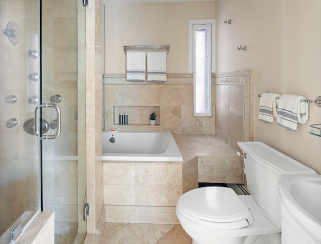 full bathroom featuring tile patterned floors, independent shower and bath, toilet, and vanity